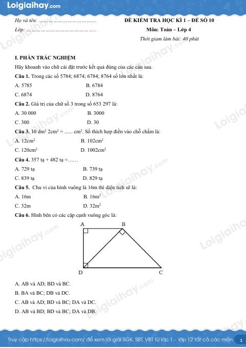 Đề số 10 - Đề kiểm tra học kì 1 - Toán lớp 4